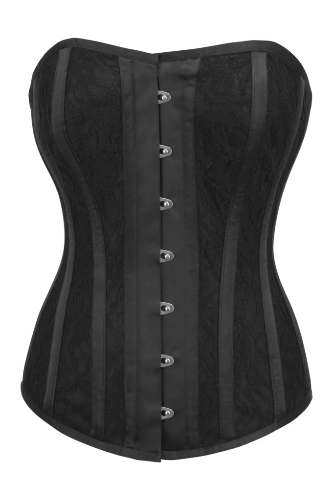 Black Satin Longline Overbust Corset with Lace Overlay