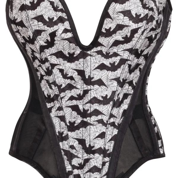 Plunge Sweetheart Bat Print Gothic Overbust Corset