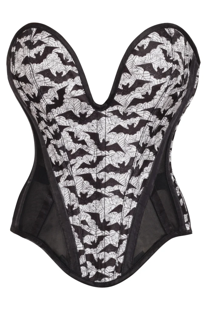 Plunge Sweetheart Bat Print Gothic Overbust Corset