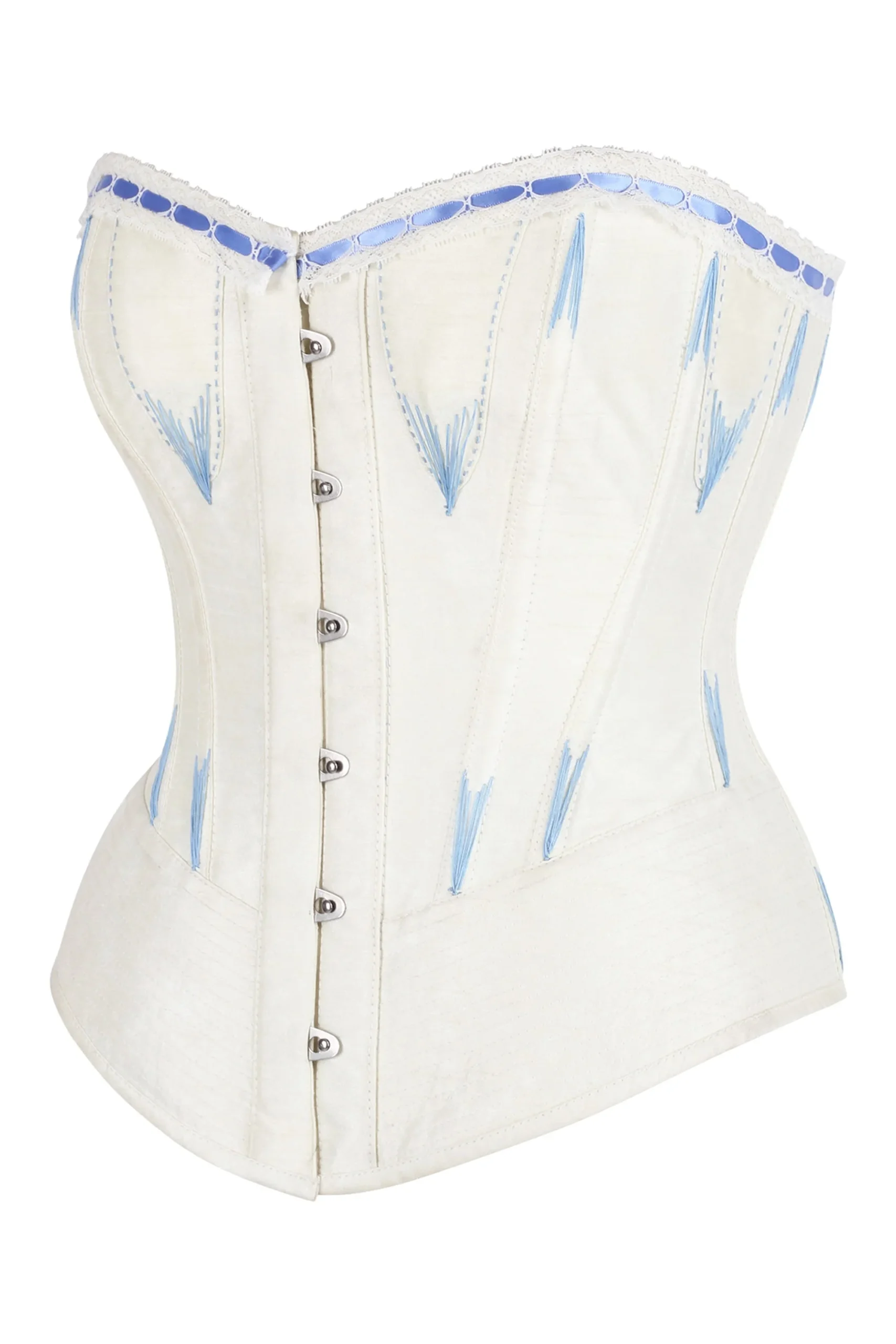 White Overbust Corset with Blue Decorative Flossing White Overbust Corset with Blue Decorative Flossing