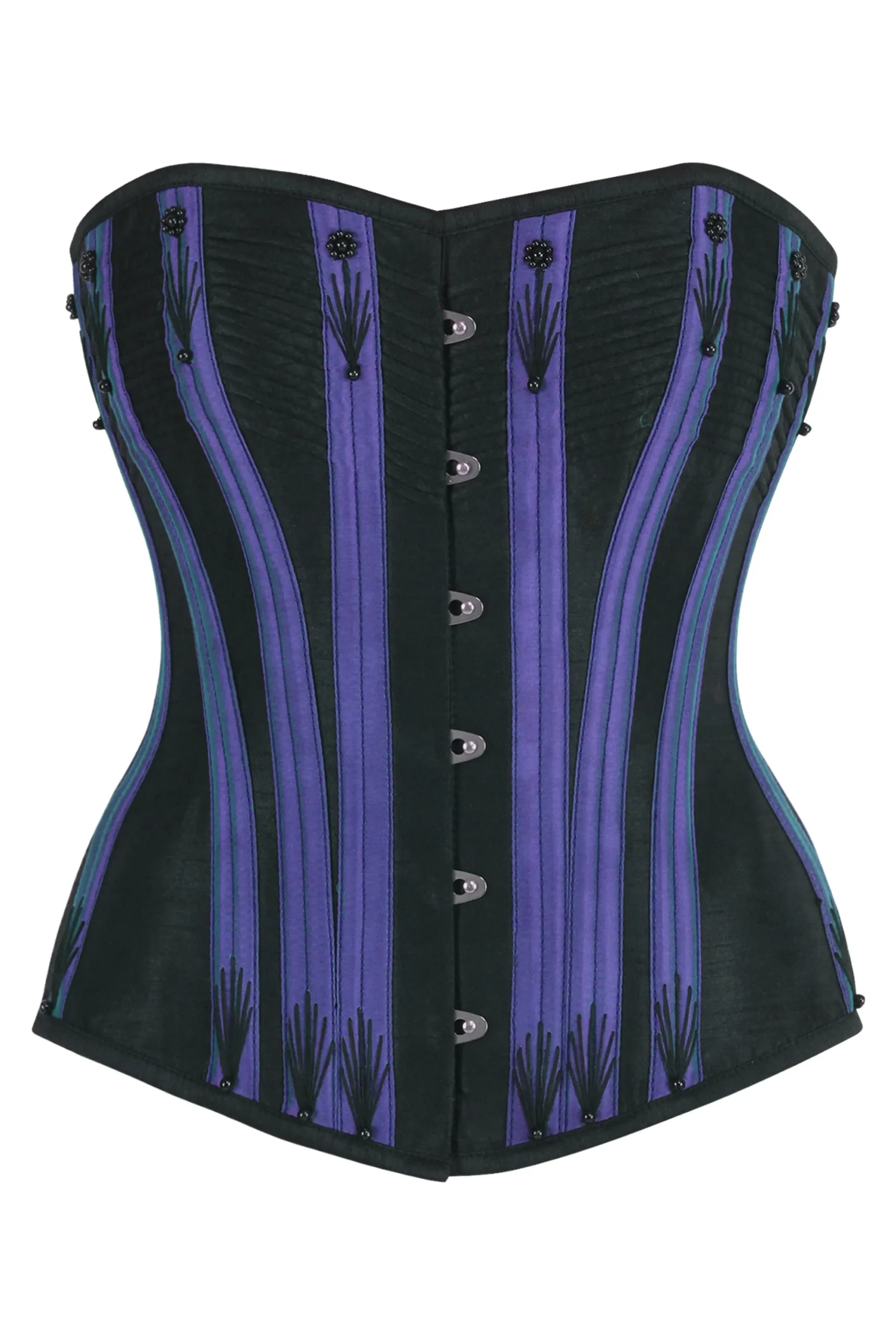 Black Overbust Corset with Purple Boning Channels and Flossing Black Overbust Corset with Purple Boning Channels and Flossing