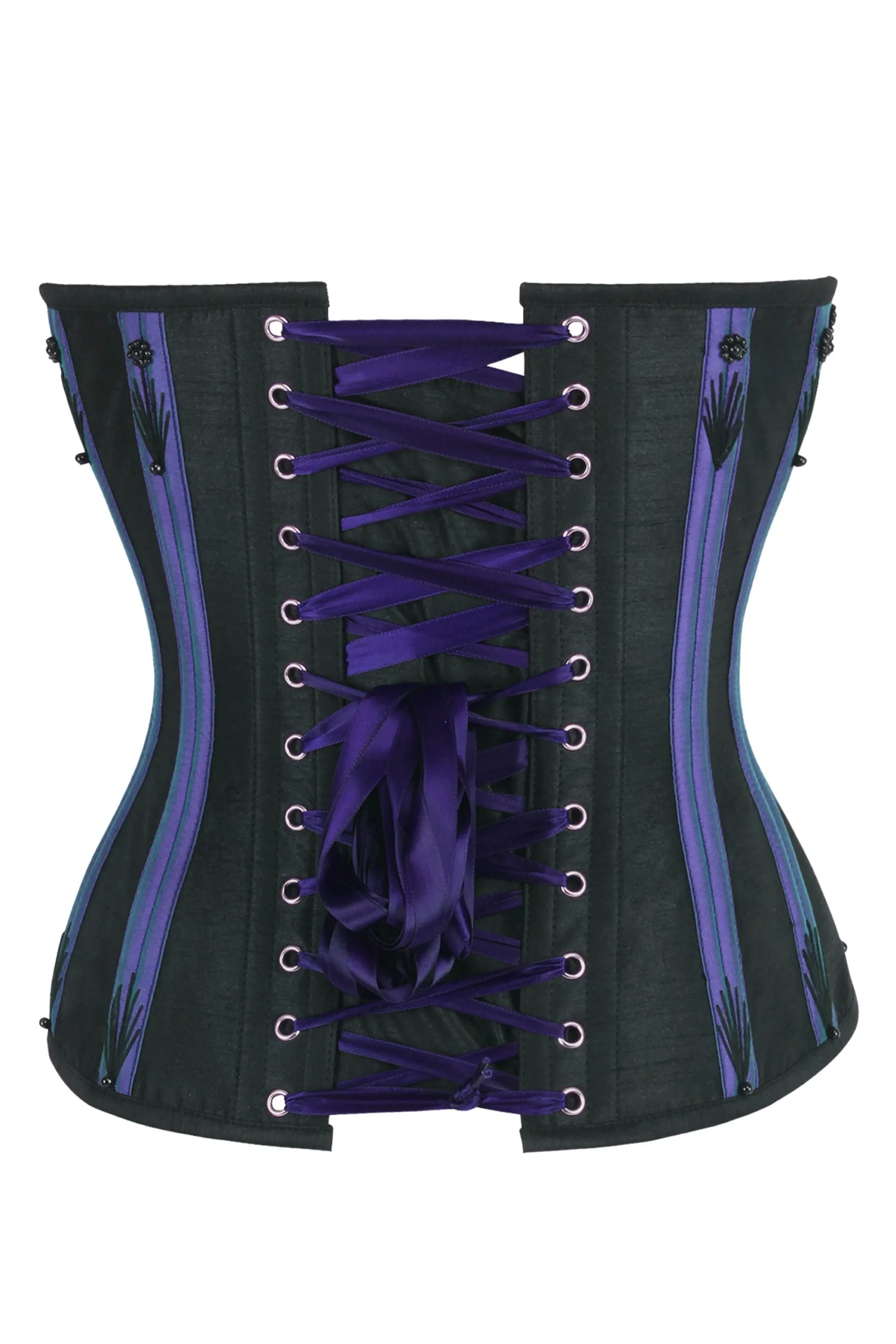 Black Overbust Corset with Purple Boning Channels and Flossing Black Overbust Corset with Purple Boning Channels and Flossing