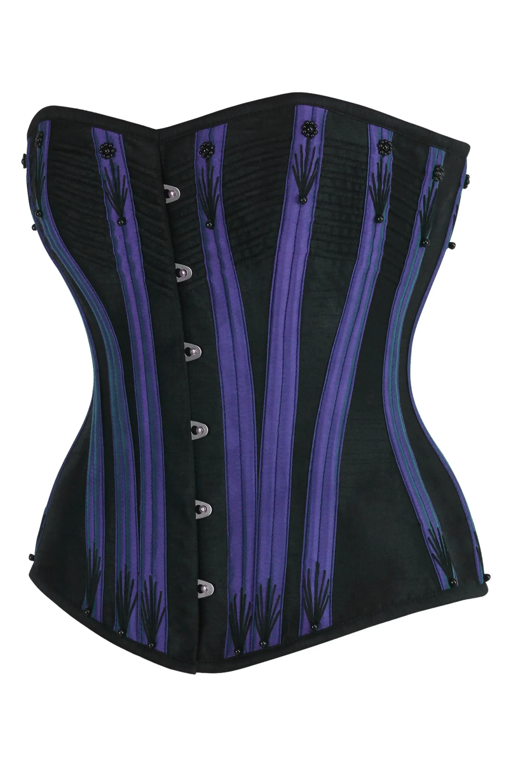 Black Overbust Corset with Purple Boning Channels and Flossing Black Overbust Corset with Purple Boning Channels and Flossing