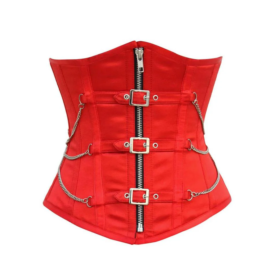Red Underbust Satin Corset with Buckles and Chains