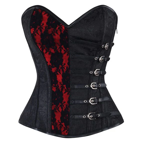Red and Black Gothic Brocade Overbust Steel Boned Corset