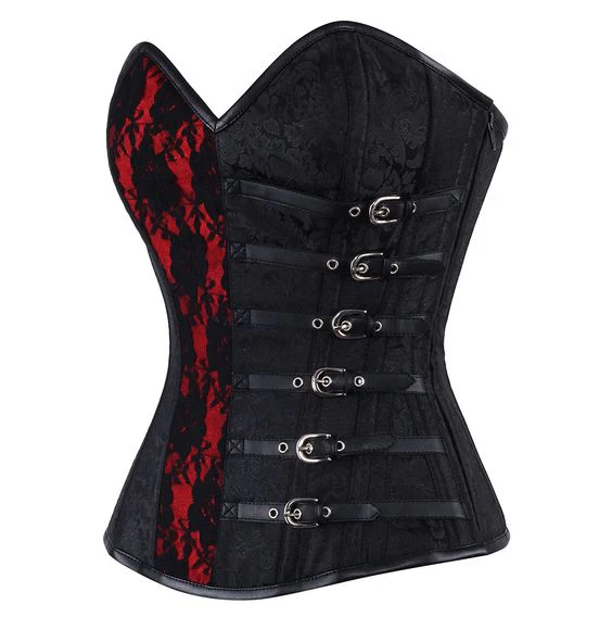 Red and Black Gothic Brocade Overbust Steel Boned Corset