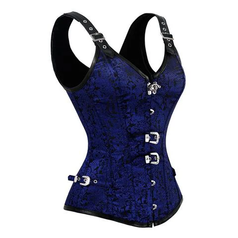 Brocade Blue Gothic Overbust Corset With Straps