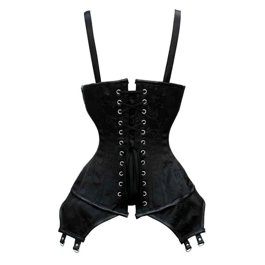 Black Brocade Gothic Overbust Corset with Shoulder Straps