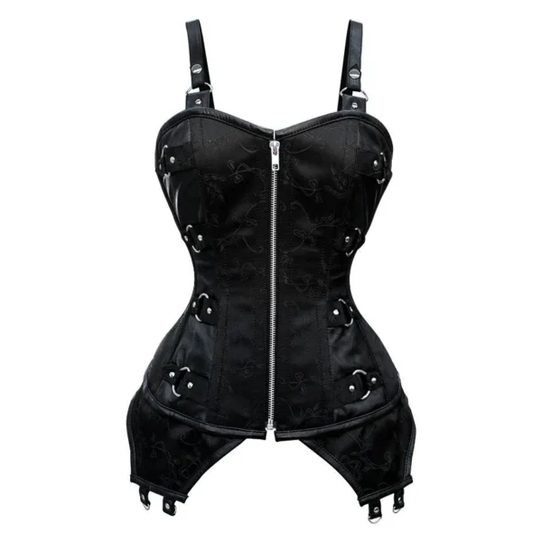 Black Brocade Gothic Overbust Corset with Shoulder Straps
