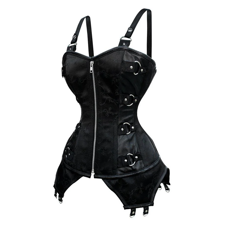 Black Brocade Gothic Overbust Corset with Shoulder Straps