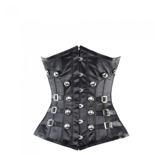 Black Satin Underbust Corset With Buckles & Stud Details