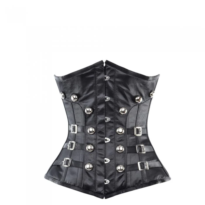 Black Satin Underbust Corset With Buckles & Stud Details