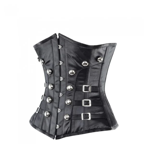 Black Satin Underbust Corset With Buckles & Stud Details