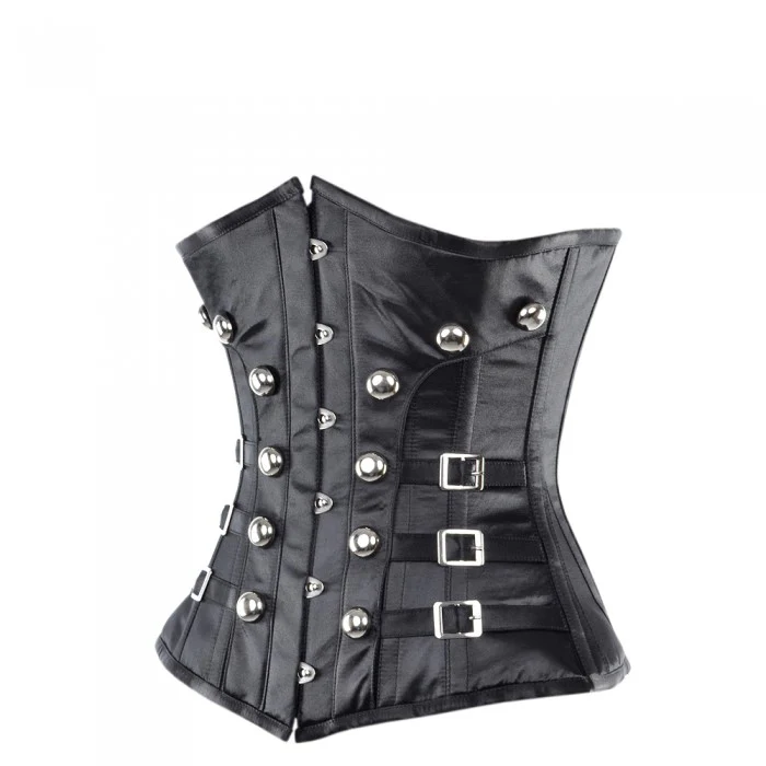 Black Satin Underbust Corset With Buckles & Stud Details