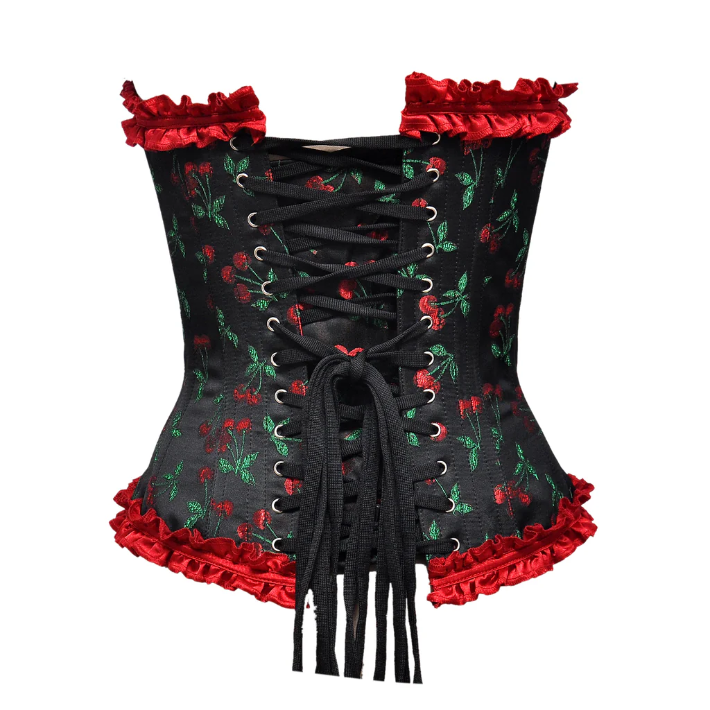 Cherry Brocade Overbust Steel Boned Corset With Bow Cherry Brocade Overbust Steel Boned Corset With Bow
