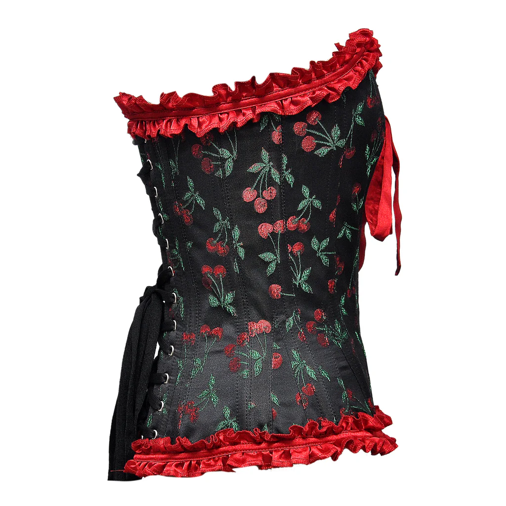 Cherry Brocade Overbust Steel Boned Corset With Bow Cherry Brocade Overbust Steel Boned Corset With Bow