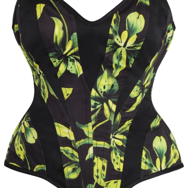 Green and Black Floral Gothic Overbust Corset with Side Zip