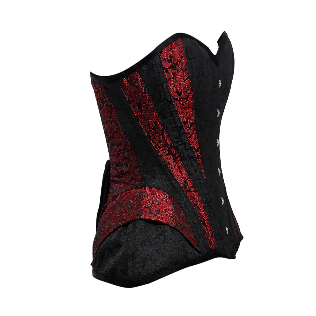 Red & Black Brocade Overbust Longline Curved Corset