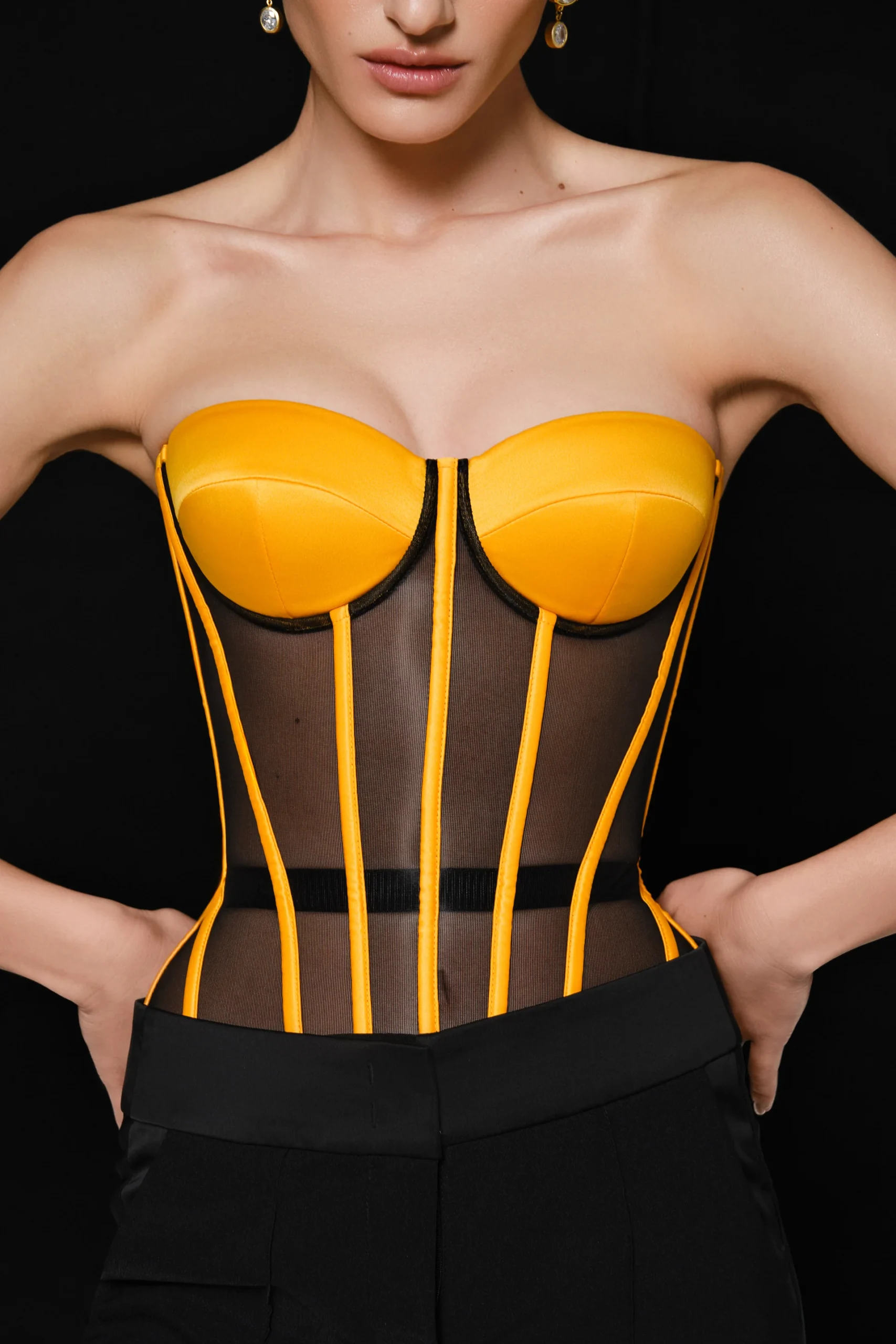 Yellow Overbust Satin Corset Top with Black Mesh Front Yellow Overbust Satin Corset Top with Black Mesh Front
