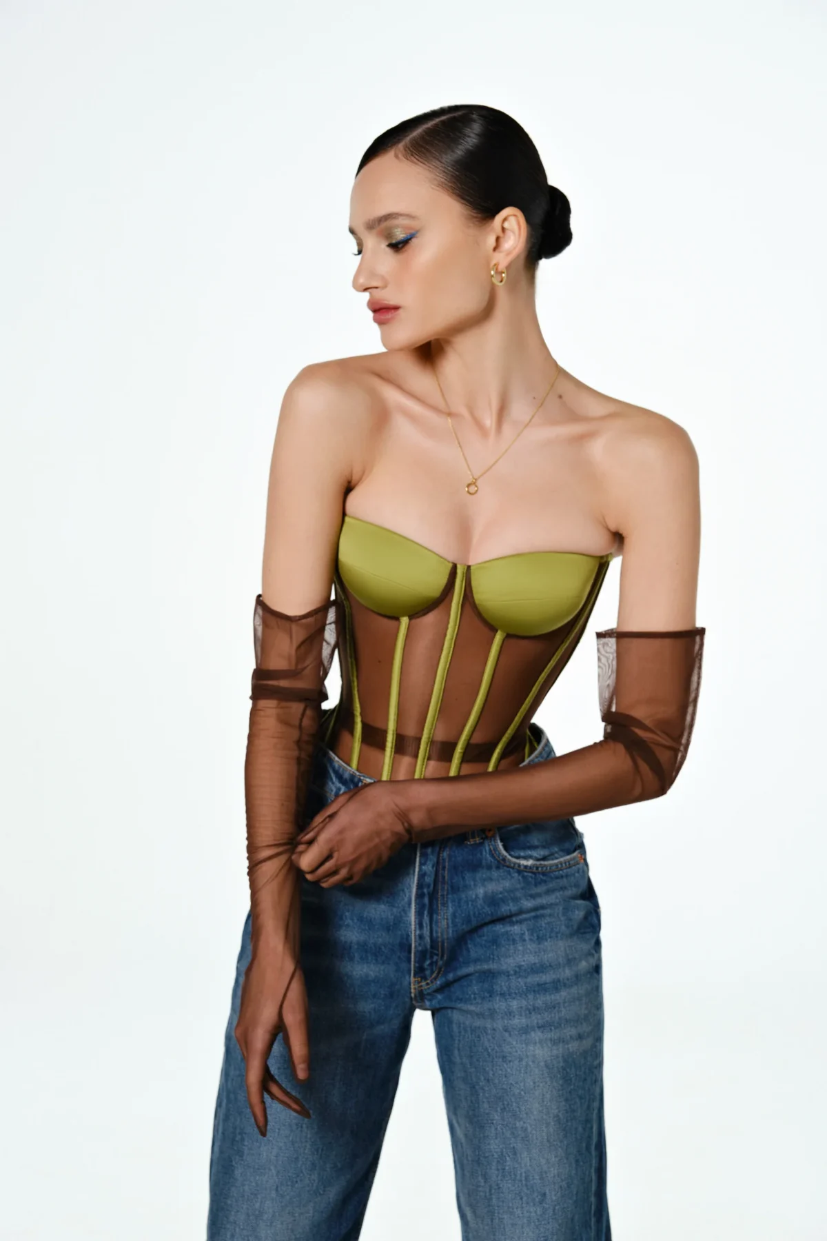 Brown Overbust Satin Corset Top with Olive Reliefs