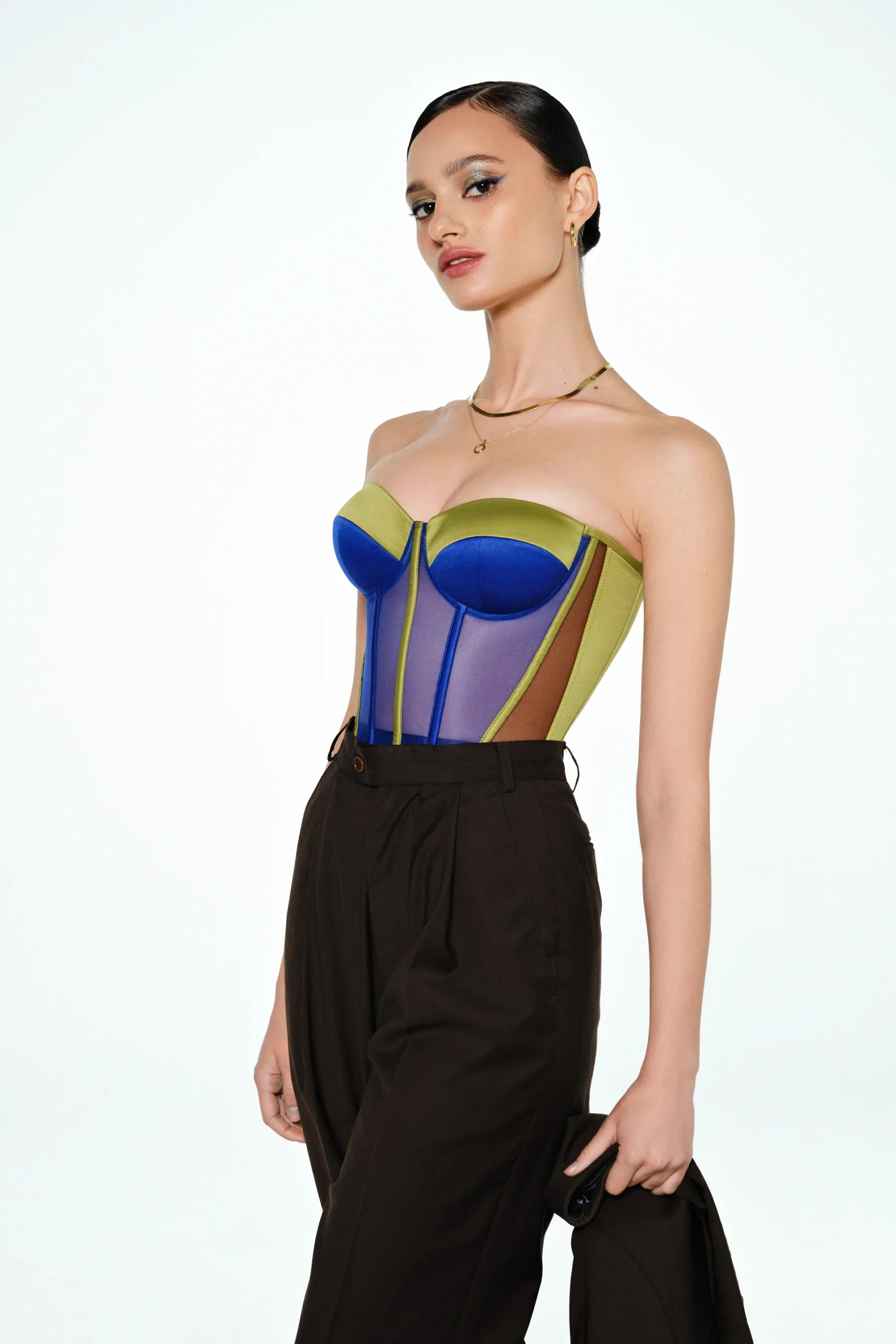 Olive Satin Corset with Transparent Front and Blue Reliefs Olive Satin Corset with Transparent Front and Blue Reliefs