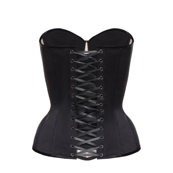 Black Corset Bustier Top Satin with Lace Front on Beige Base