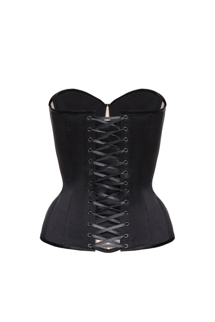Black Corset Bustier Top Satin with Lace Front on Beige Base