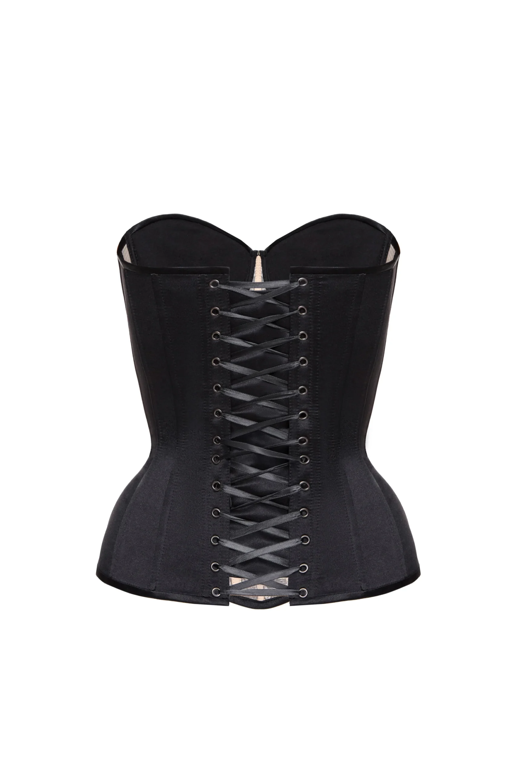 Black Corset Bustier Top Satin with Lace Front on Beige Base Black Corset Bustier Top Satin with Lace Front on Beige Base