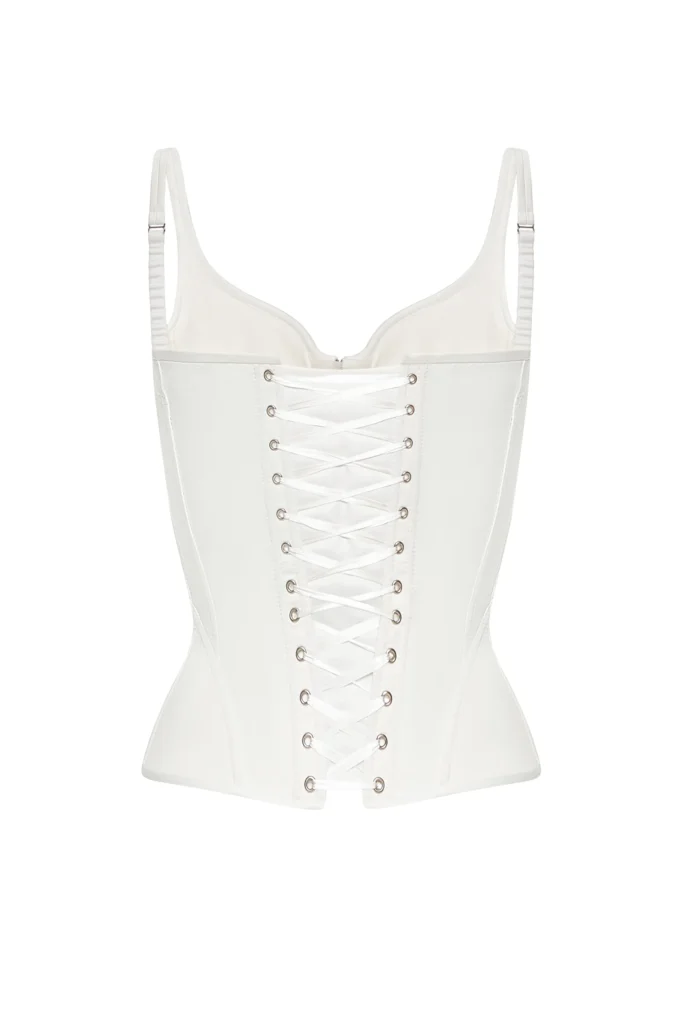 White Overbust Corset Top with Shoulder Straps and Front Zipper