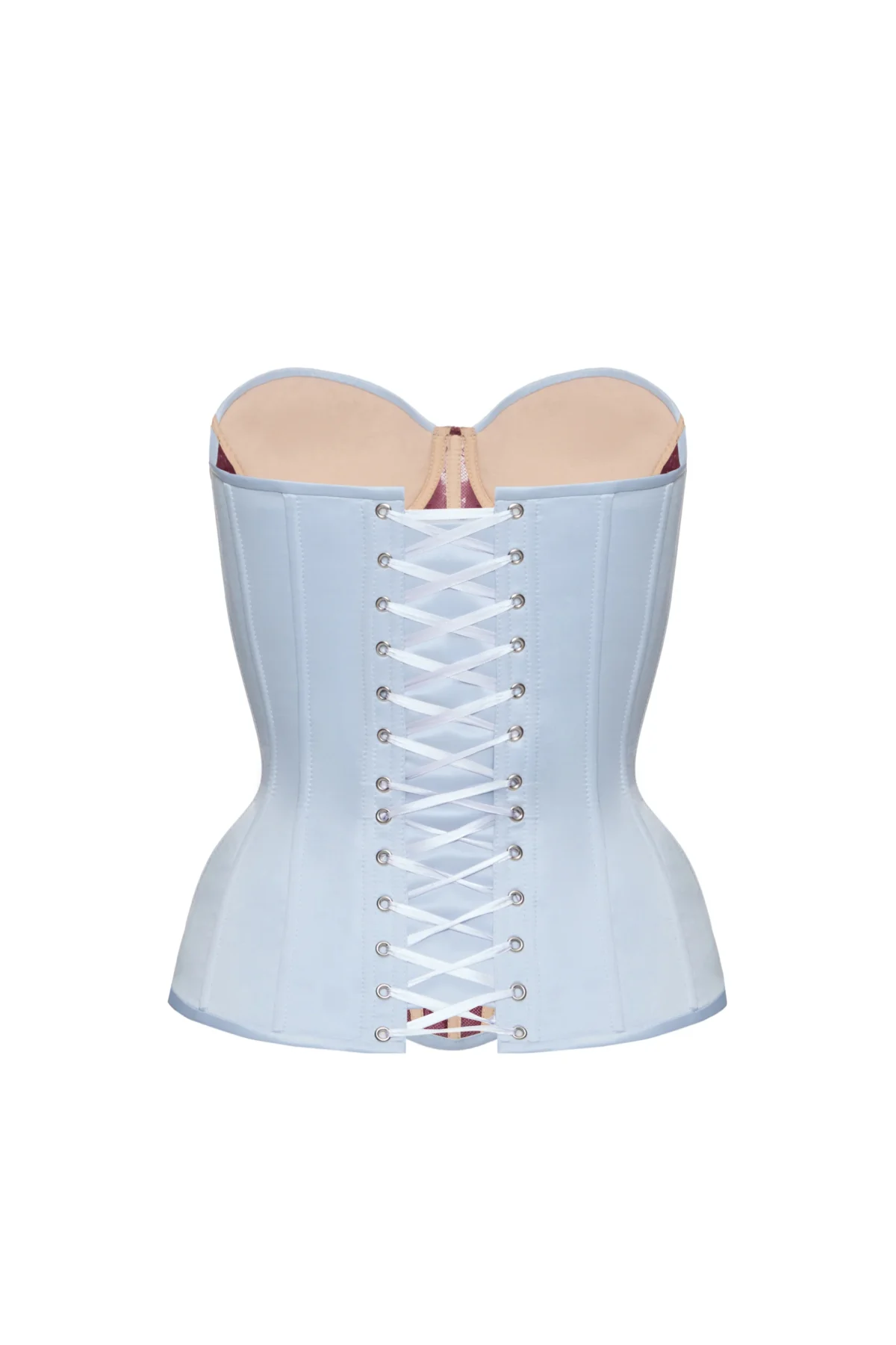 Light Blue Satin Overbust Corset Top With Burgundy Lace Front