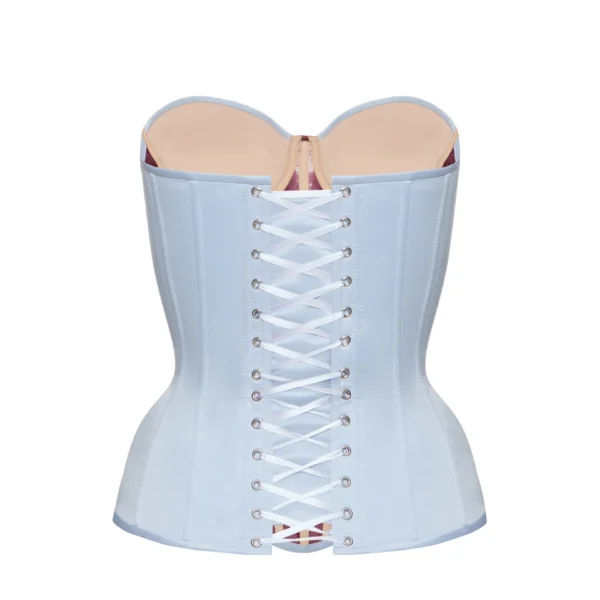 Light Blue Satin Overbust Corset Top With Burgundy Lace Front