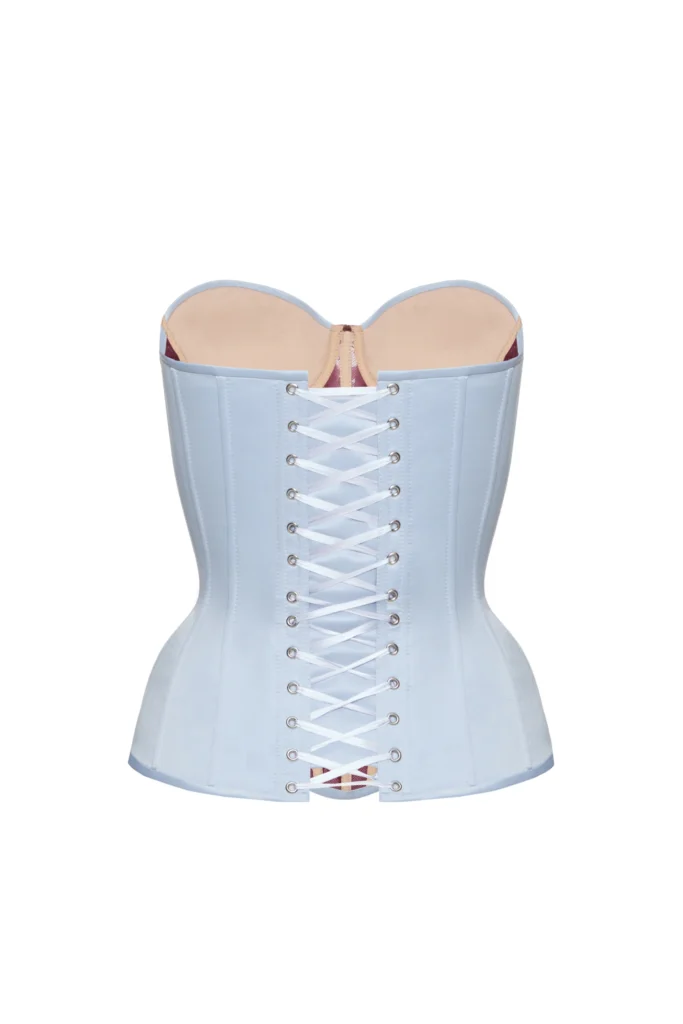 Light Blue Satin Overbust Corset Top With Burgundy Lace Front
