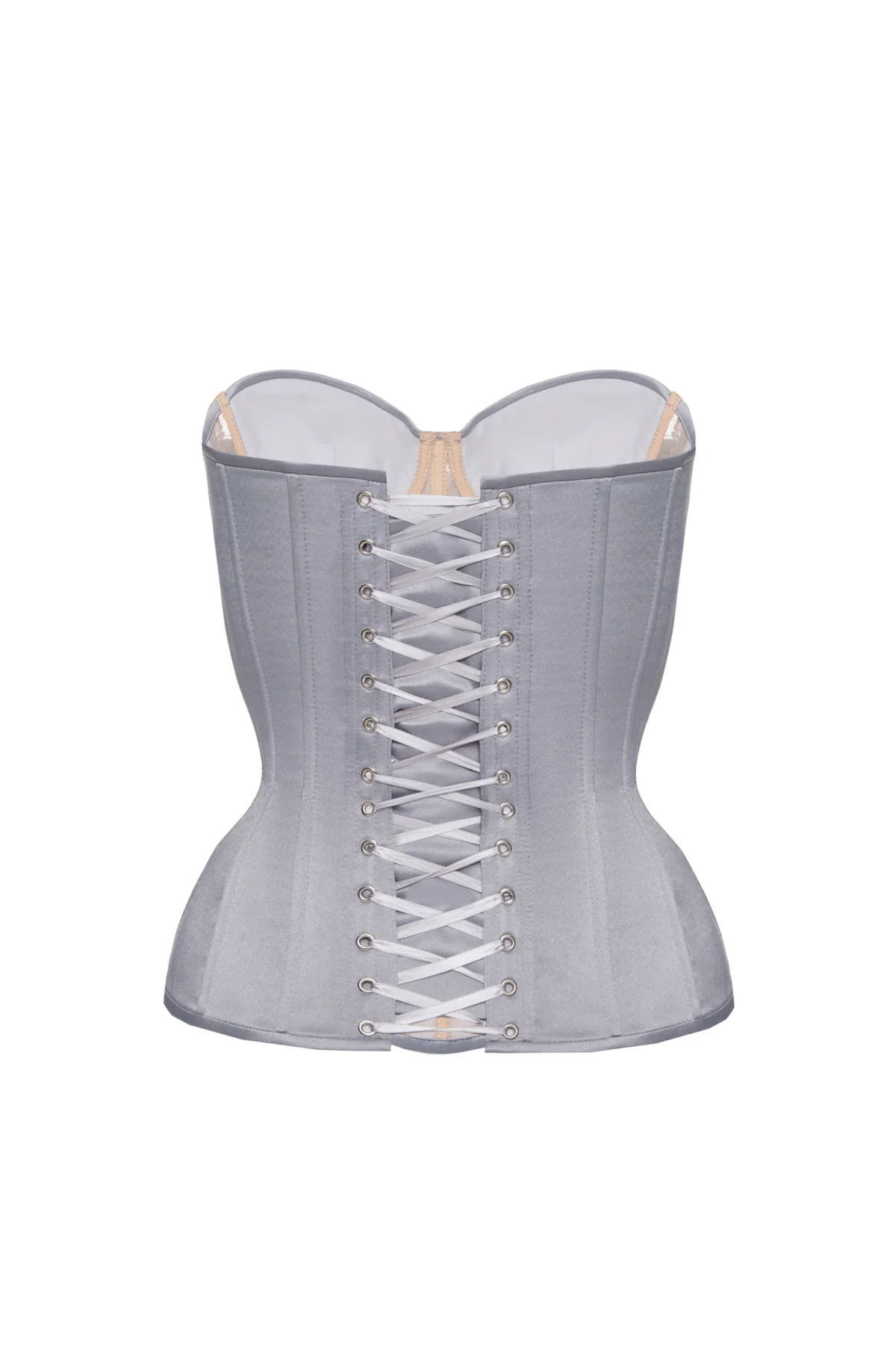 Grey Satin Corset Top with Floral Lace Front