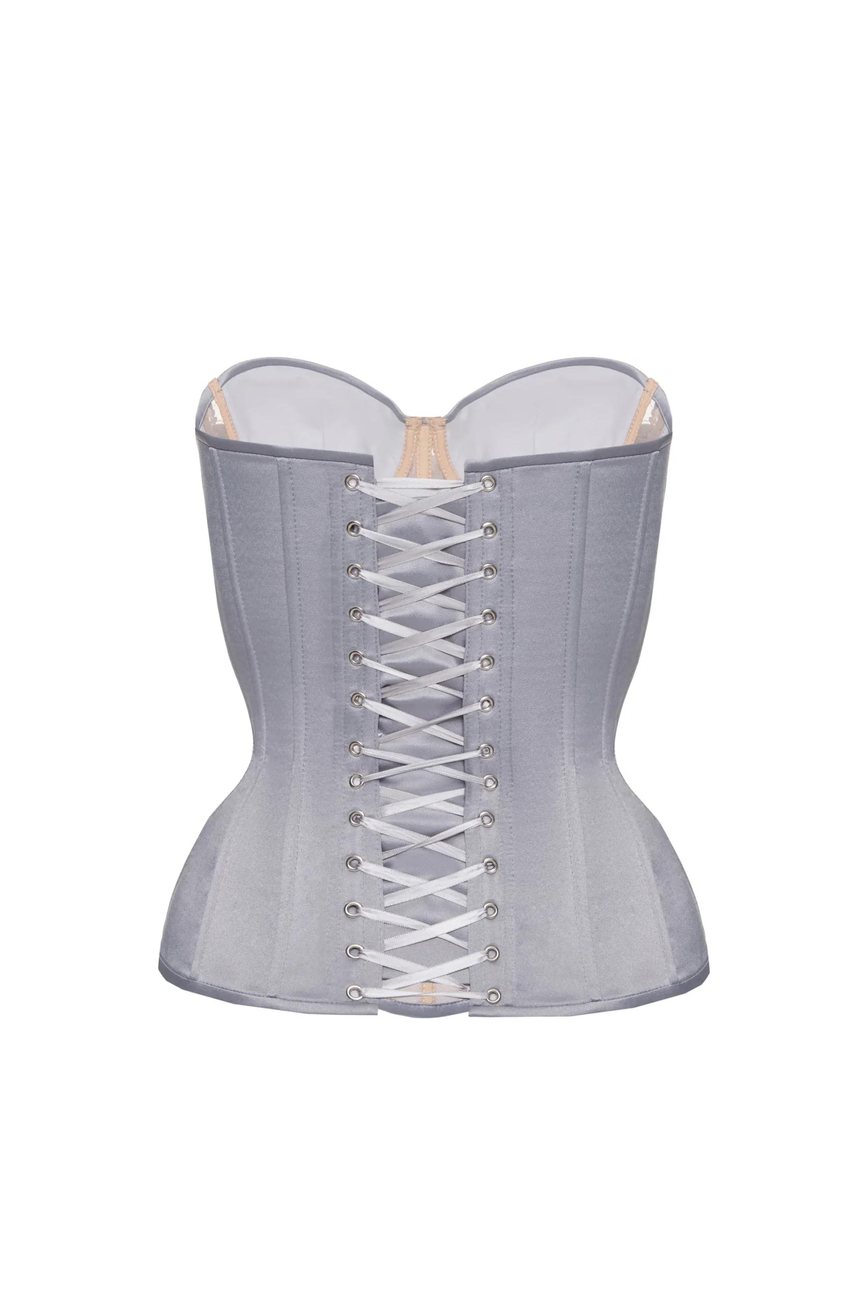 Grey Satin Corset Top with Floral Lace Front Grey Satin Corset Top with Floral Lace Front