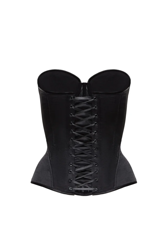Black Fashion Satin Corset Top with a Floral Lace Front