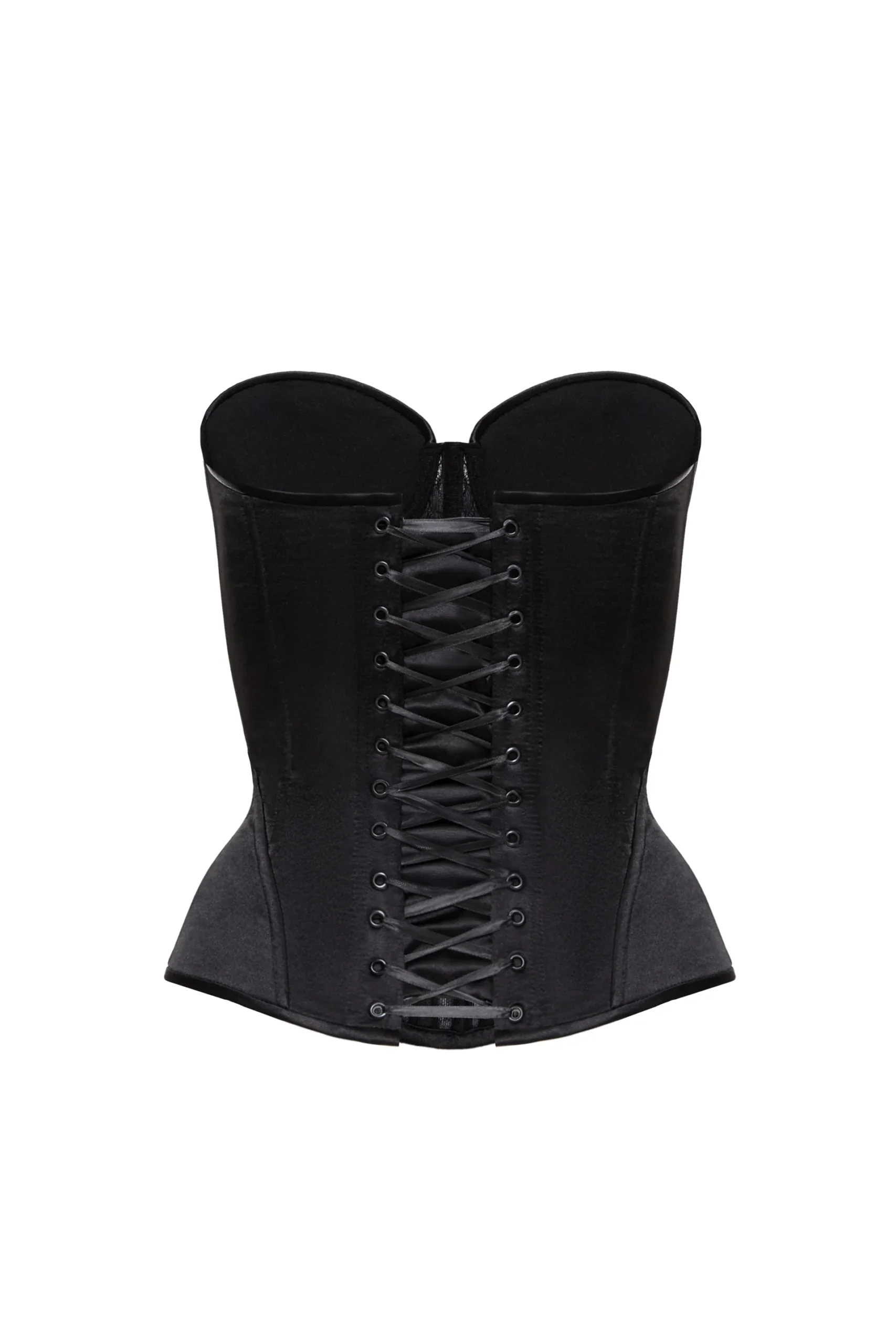 Black Fashion Satin Corset Top with a Floral Lace Front Black Fashion Satin Corset Top with a Floral Lace Front