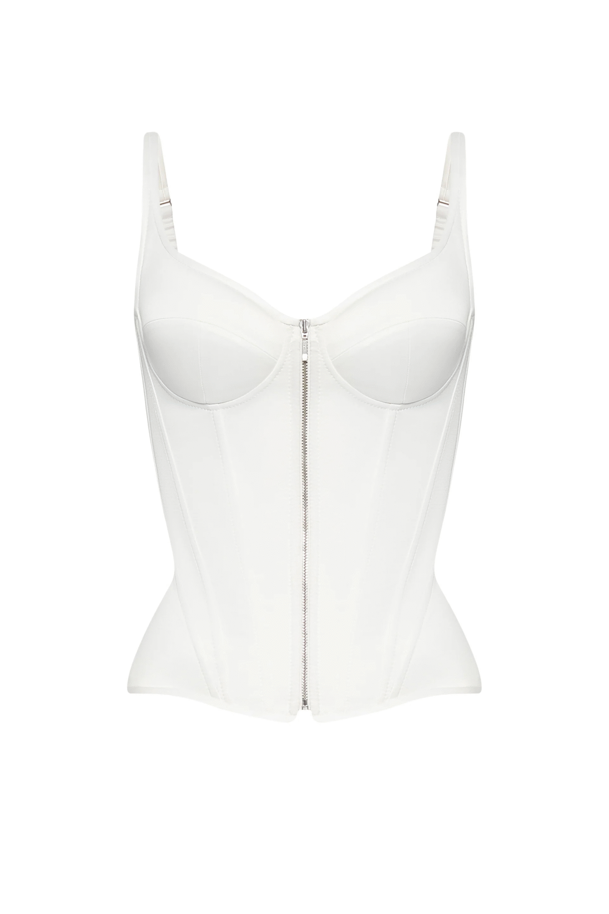 White Overbust Corset Top with Shoulder Straps and Front Zipper