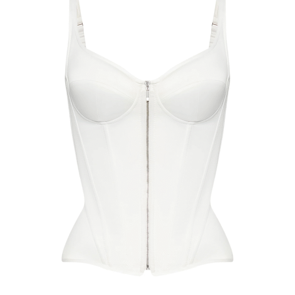 White Overbust Corset Top with Shoulder Straps and Front Zipper