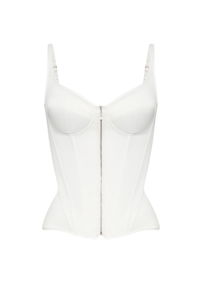 White Overbust Corset Top with Shoulder Straps and Front Zipper