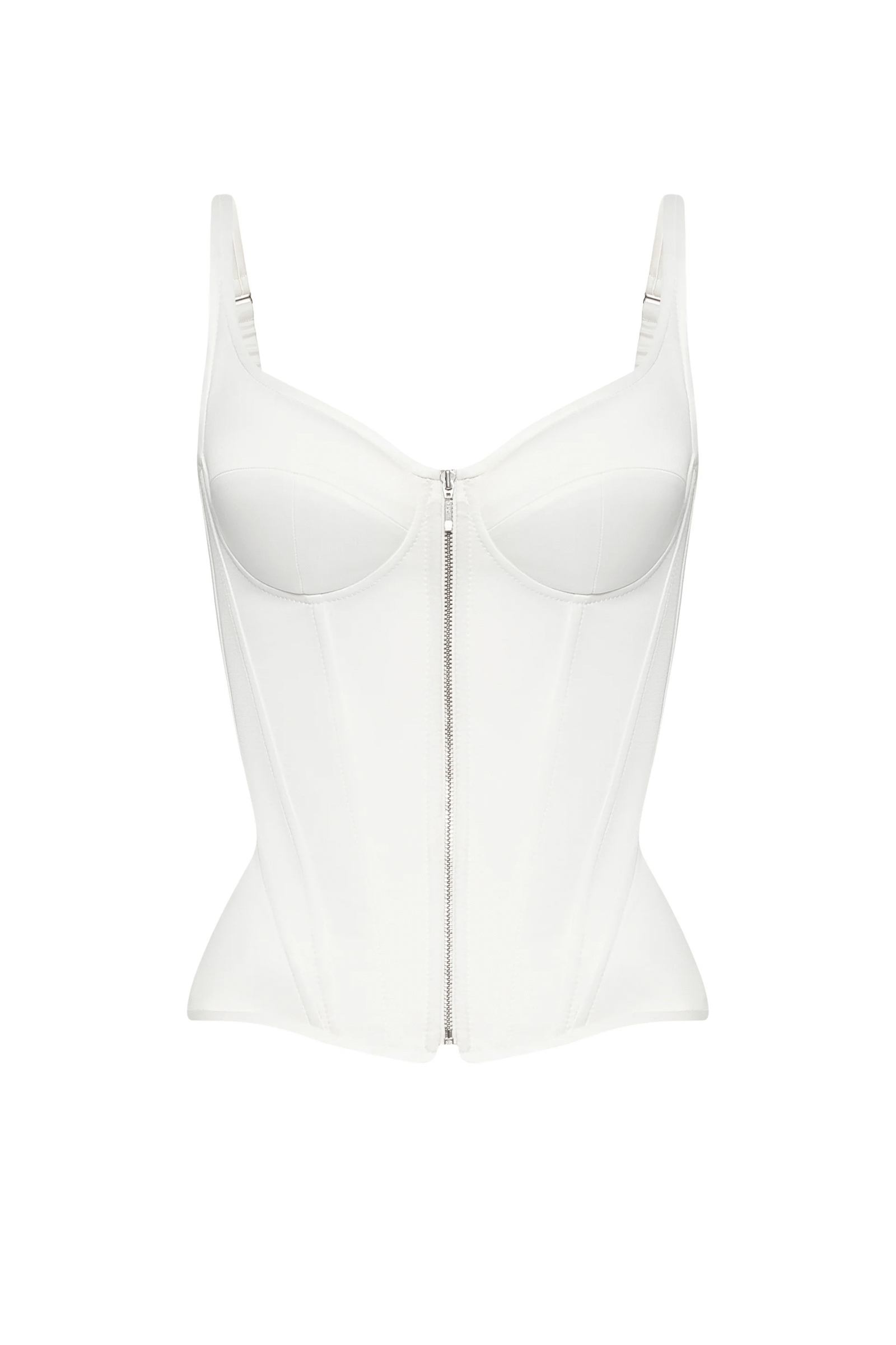 White Overbust Corset Top with Shoulder Straps and Front Zipper White Overbust Corset Top with Shoulder Straps and Front Zipper