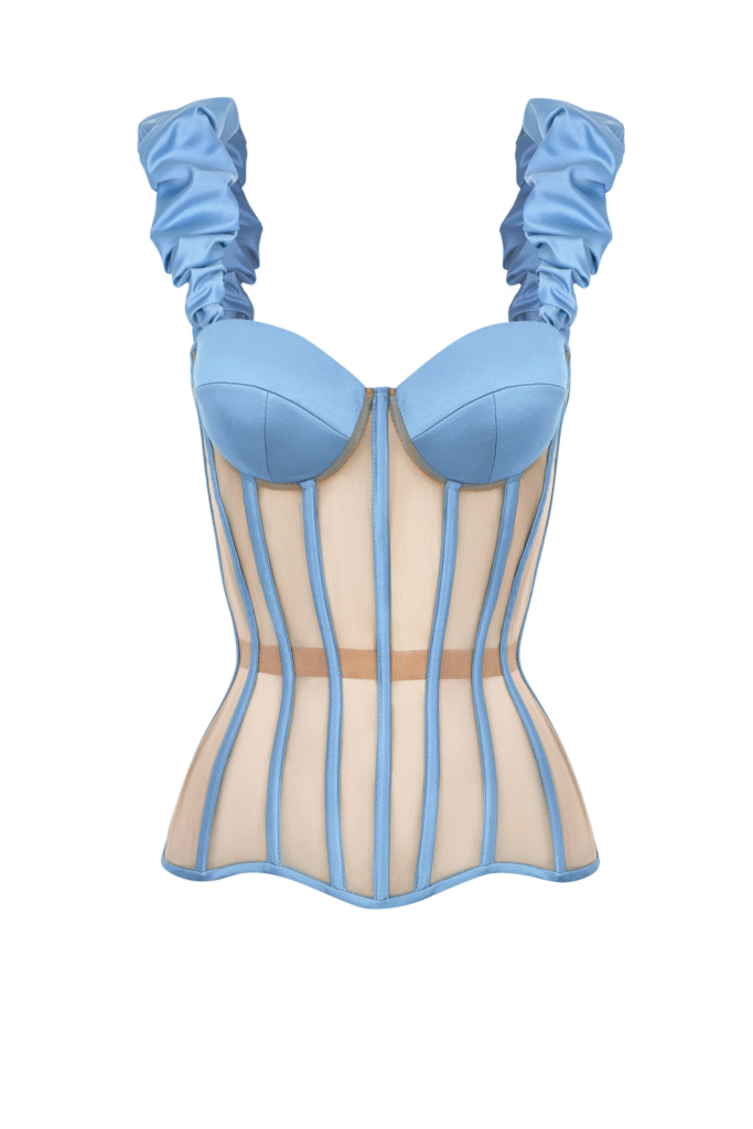 Jeans Blue Corset with Satin Reliefs and Detachable Straps