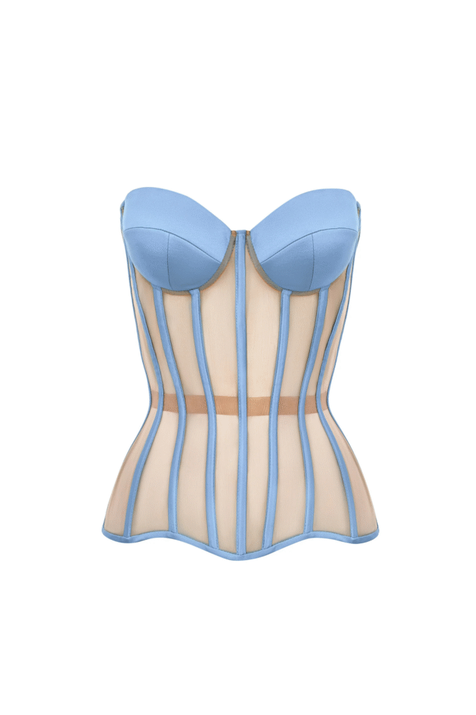 Jeans Blue Corset Top with Mesh and Satin Cups