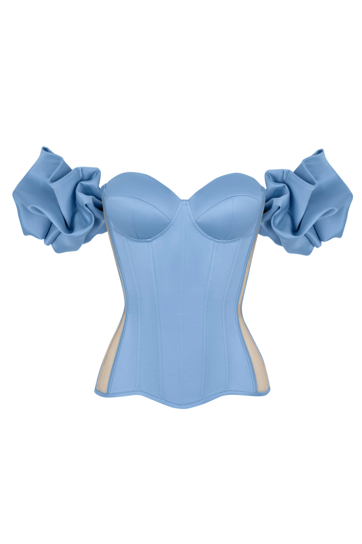 Blue Satin Sleeved Corset Top with Transparent Back