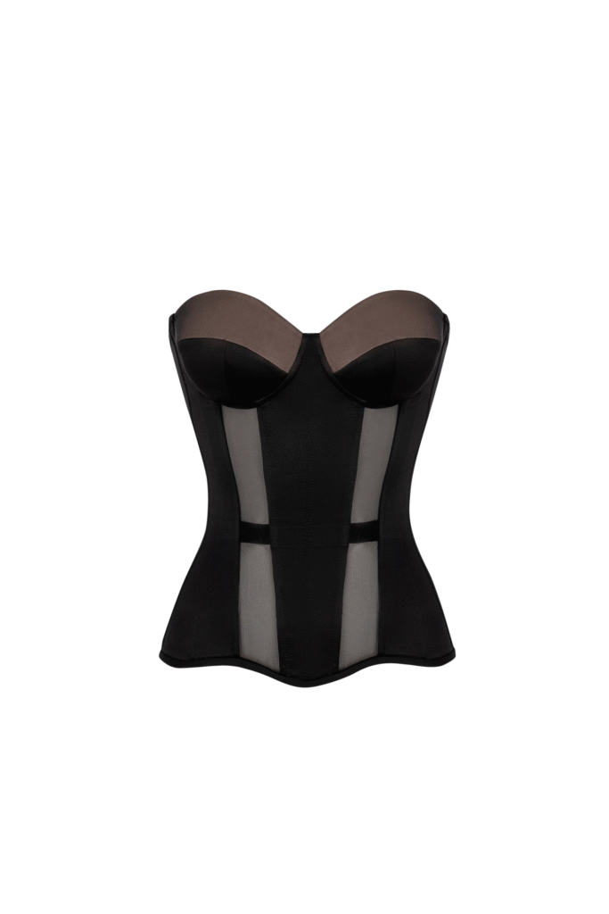 Black Satin Corset With Transparent Reliefs