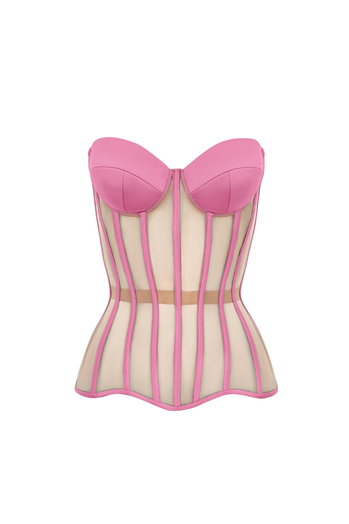Pink Mesh Overbust Corset with Reliefs and Satin Cups