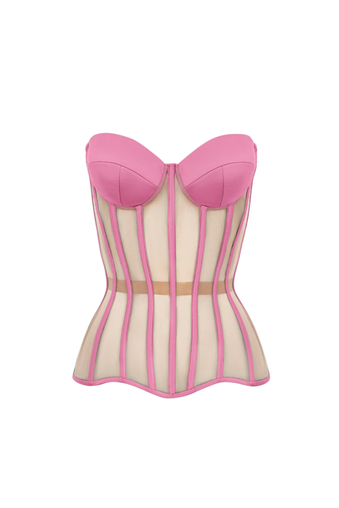 Pink Mesh Overbust Corset with Reliefs and Satin Cups
