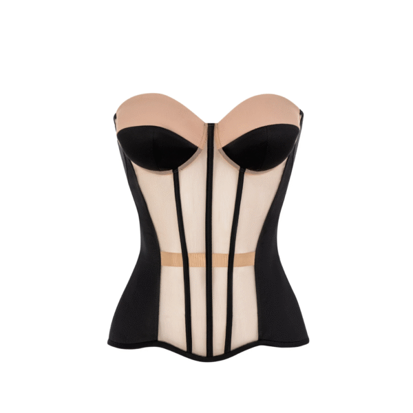 Black satin Corset Top With Transparent Beige Front