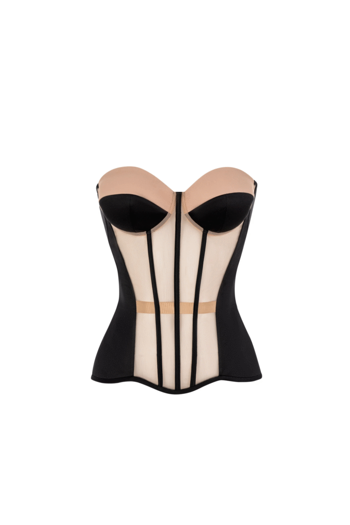 Black satin Corset Top With Transparent Beige Front
