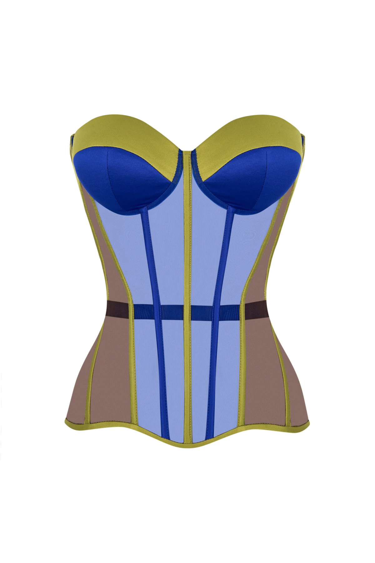 Olive Satin Corset with Transparent Front and Blue Reliefs