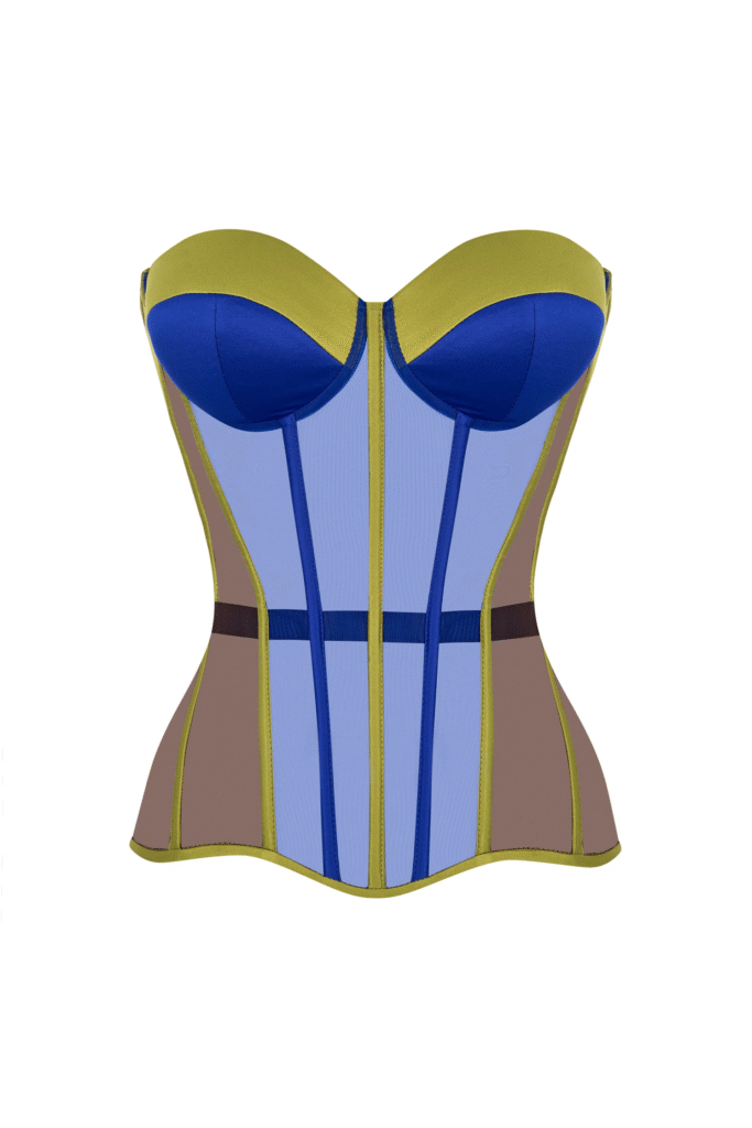 Olive Satin Corset with Transparent Front and Blue Reliefs
